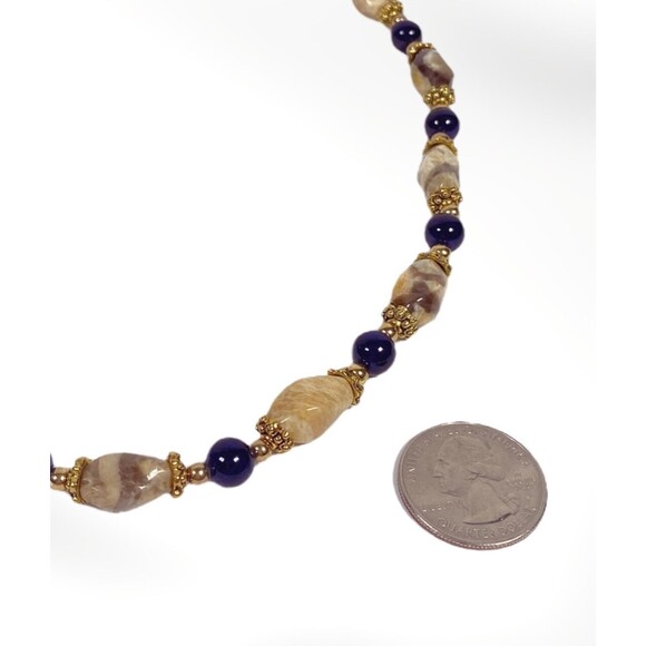 Handmade Beaded Necklace Beige Agate Stone Gold Tone Blue Beads Artisan Jewelry - Picture 6 of 8